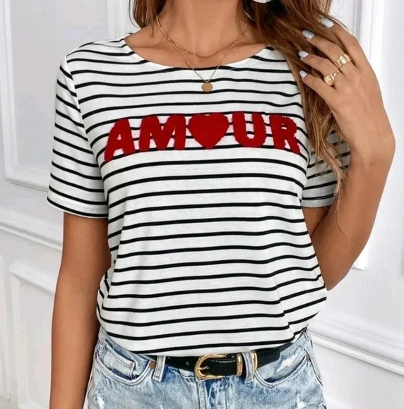Striped & Letter Graphic Tee, Casual Style, Effortless Chic - Picture 4 of 5